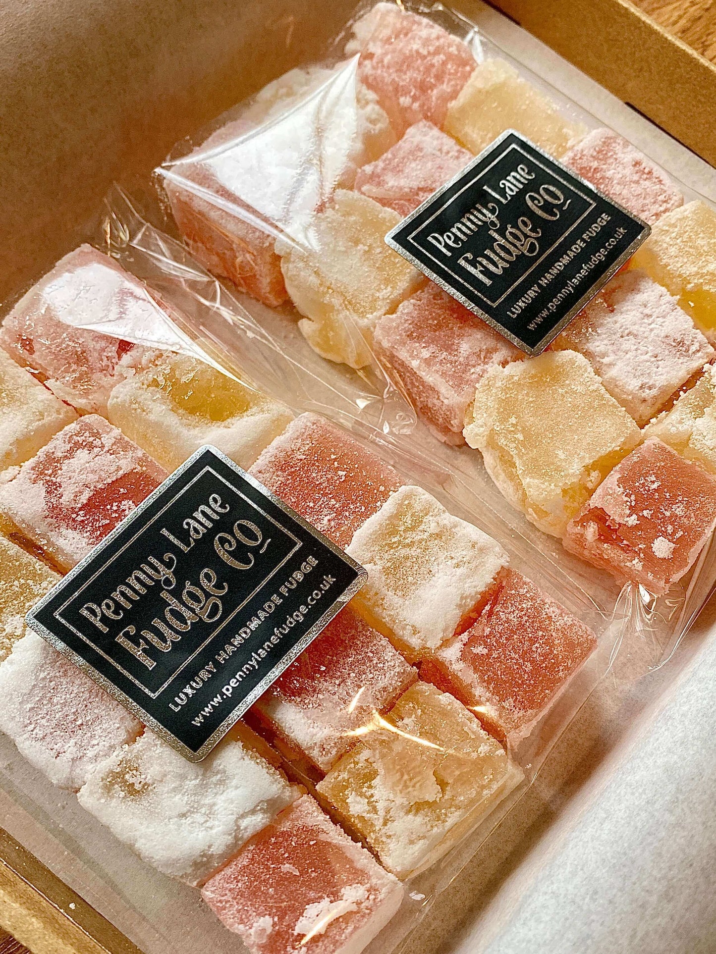 Box of assorted turkish delight with 'Penny Lane Fudge Co.' labels.