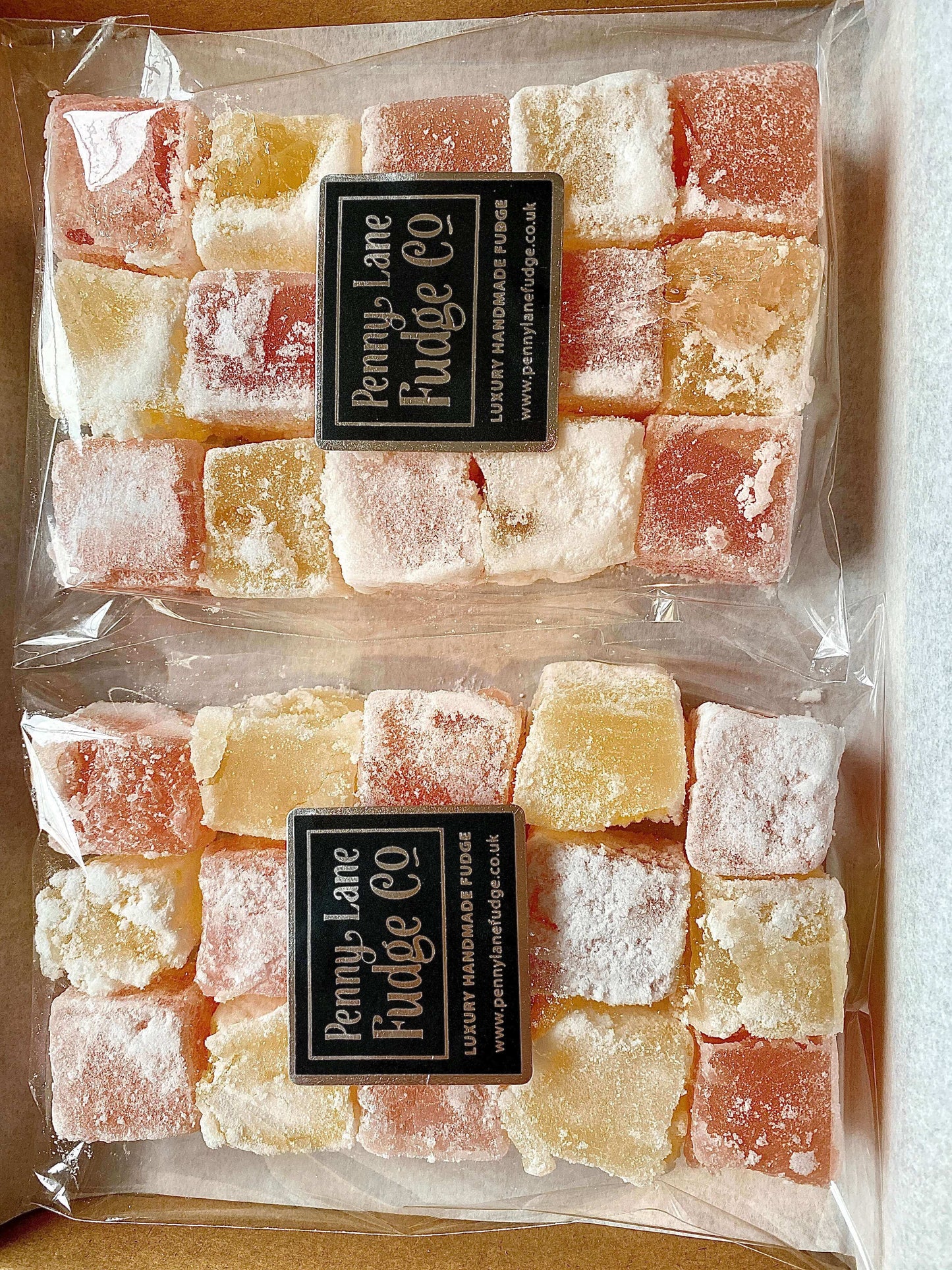 Packagedt urkish delight cubes with 'Penny Lane Fudge Co.' label on a white background