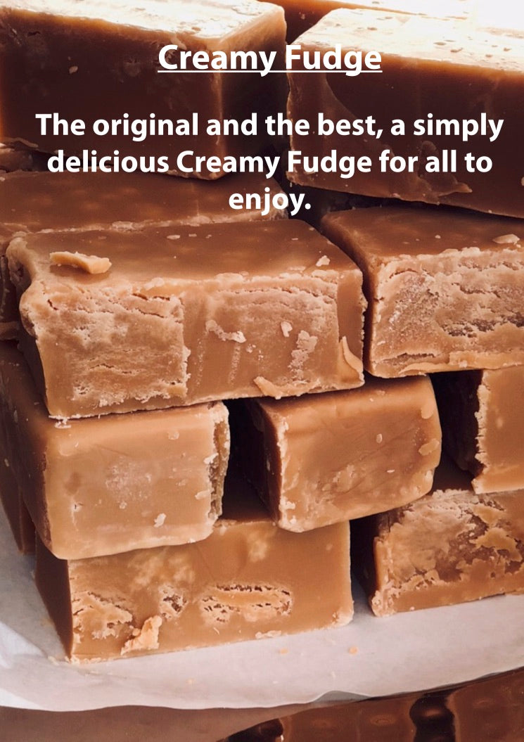 Smooth and rich handmade creamy fudge, crafted in small batches and packaged for gifting or indulgence