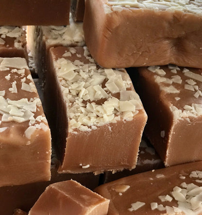 Luxury Baileys-infused fudge pieces stacked on display – perfect gift idea