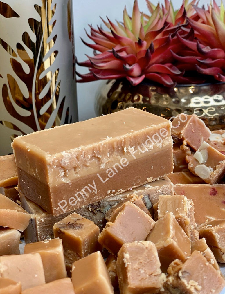 Pile of fudge bars with 'Penny Lane Fudge' branding, decorative plant in the background