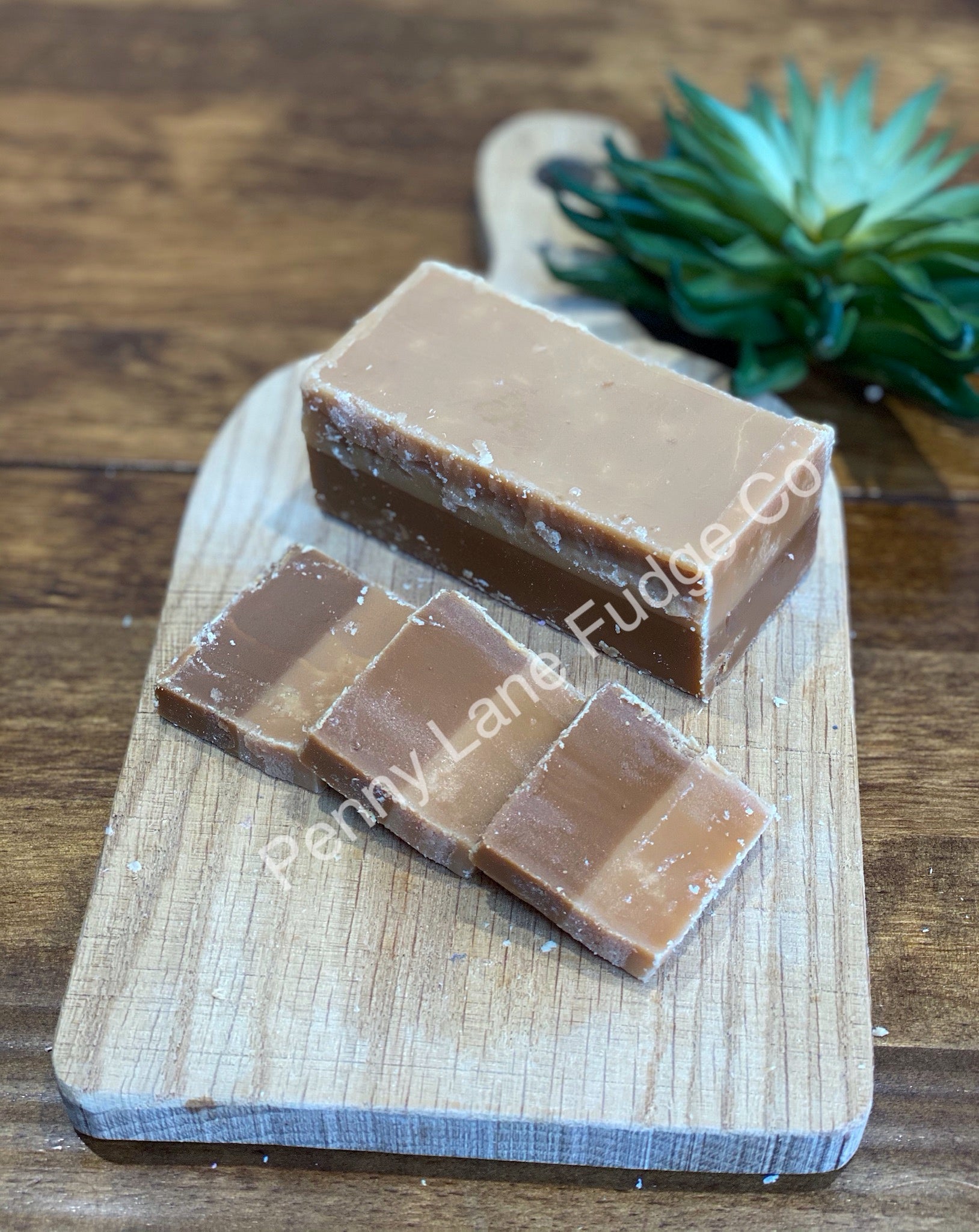 Three pieces of coffee and cream fudge on a wooden board with a plant in the background