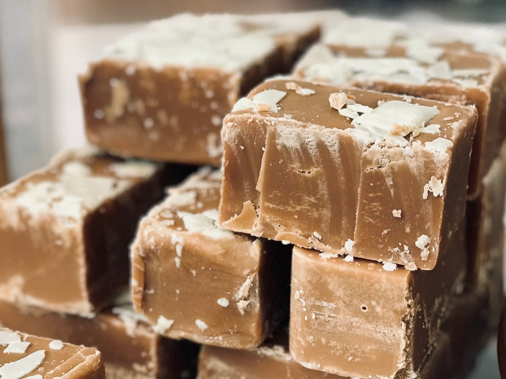 Luxury Baileys-infused fudge pieces stacked on display – perfect gift idea