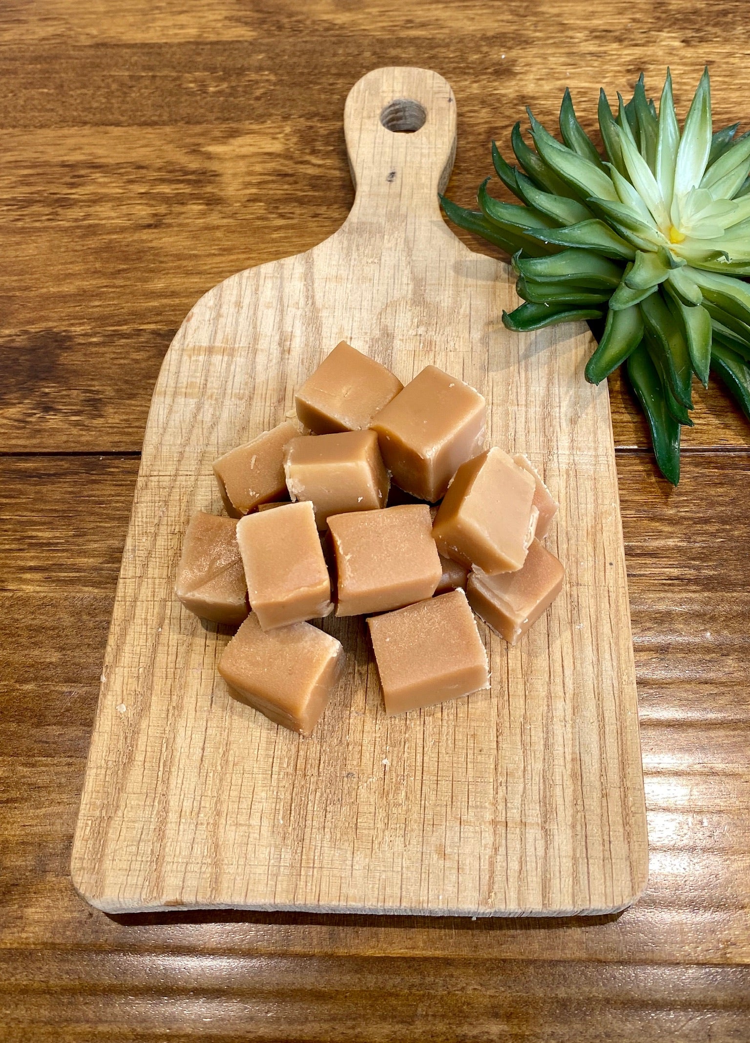 cubescreamy fudge on a wooden board with a plant in the background, branded 'penny Lane Fudge'.