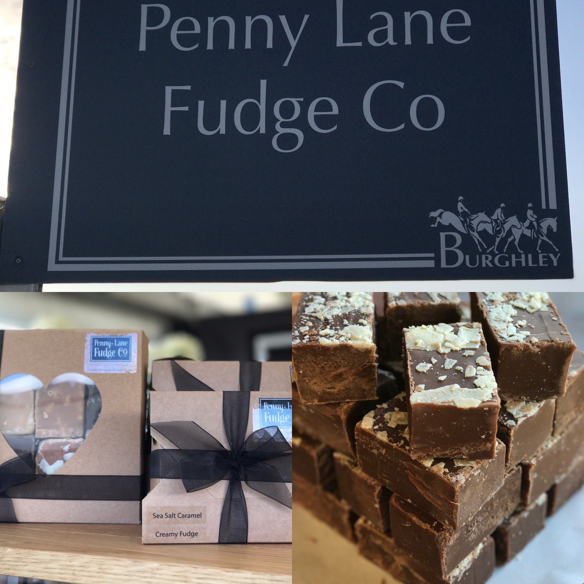 Penny Lane Fudge Co packaging and fudge pieces with Burghley Horde Trails branding.