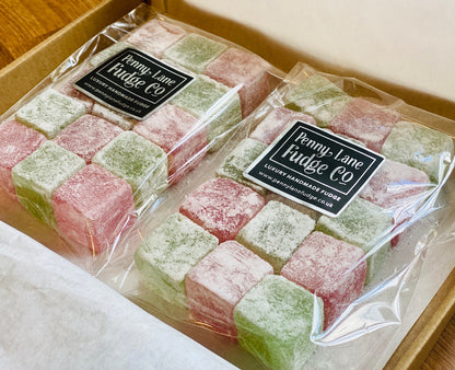 Box of Apple & Strawberry turkish delight squares with 'Penny Lane Fudge Co' label.