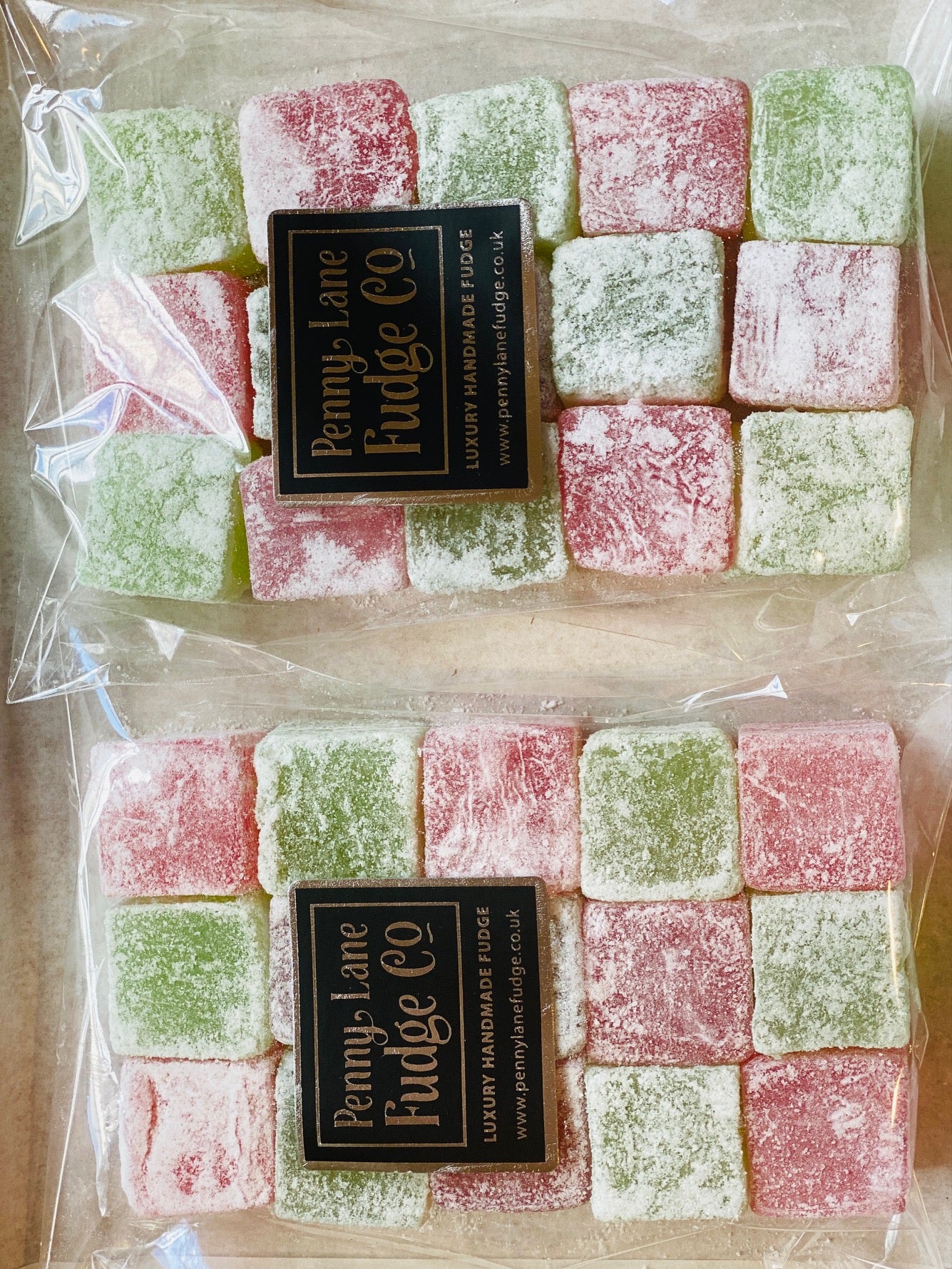 Box of Apple & Strawberry turkish delight  squares with penny Lane Fudge Co Logo