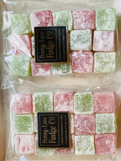 Box of Apple & Strawberry turkish delight  squares with penny Lane Fudge Co Logo