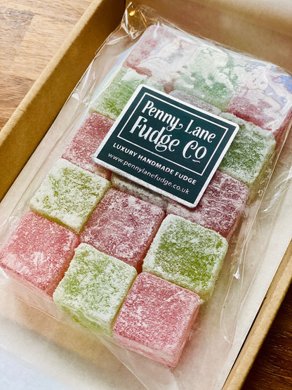 Packaged apple and strawberry turkish delight with 'Penny Lane Fudge Co' label