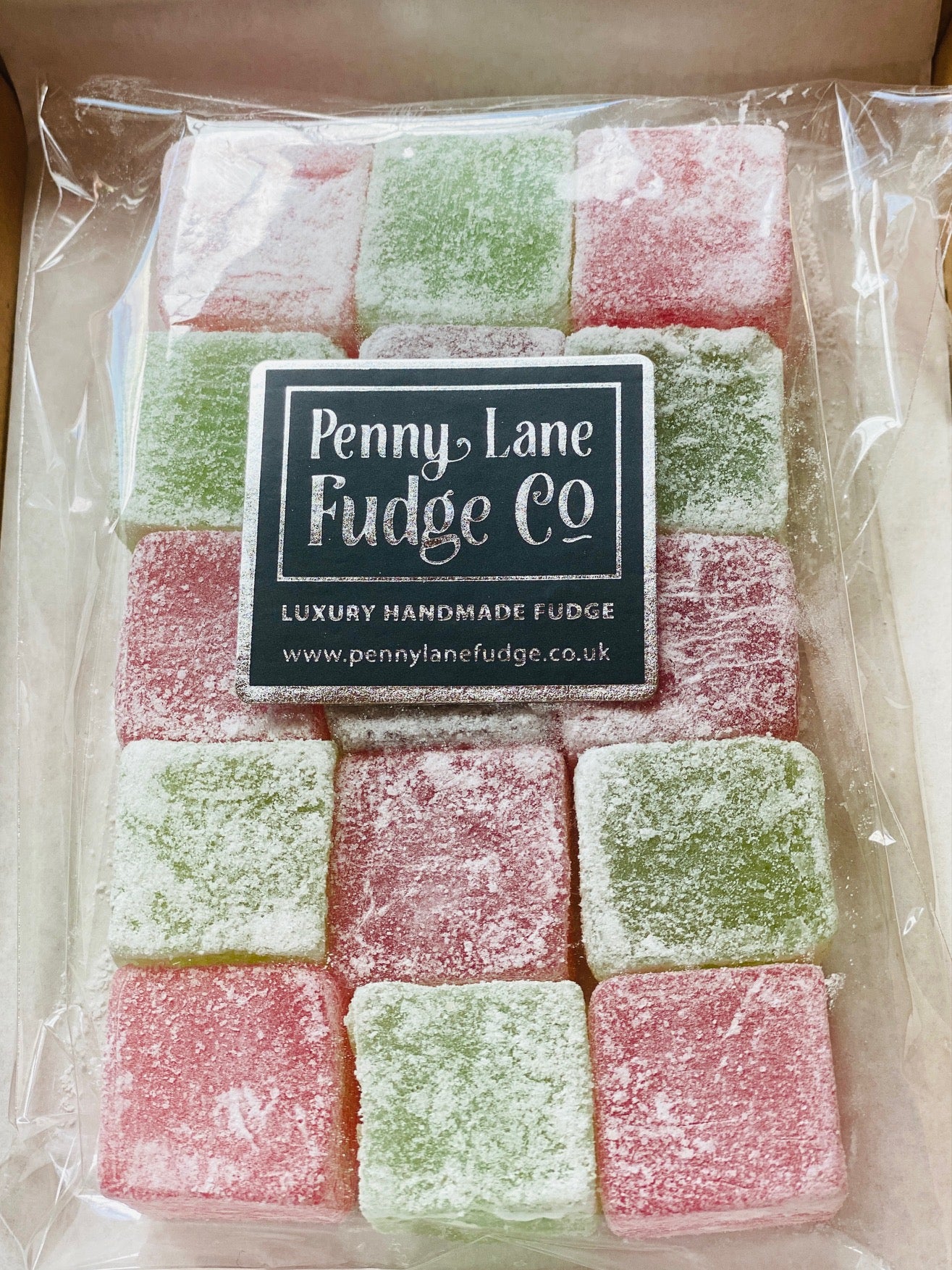 Packaged apple and strawberry turkish delight with 'Penny Lane Fudge Co' label