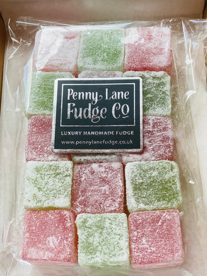 Packaged apple and strawberry turkish delight with 'Penny Lane Fudge Co' label