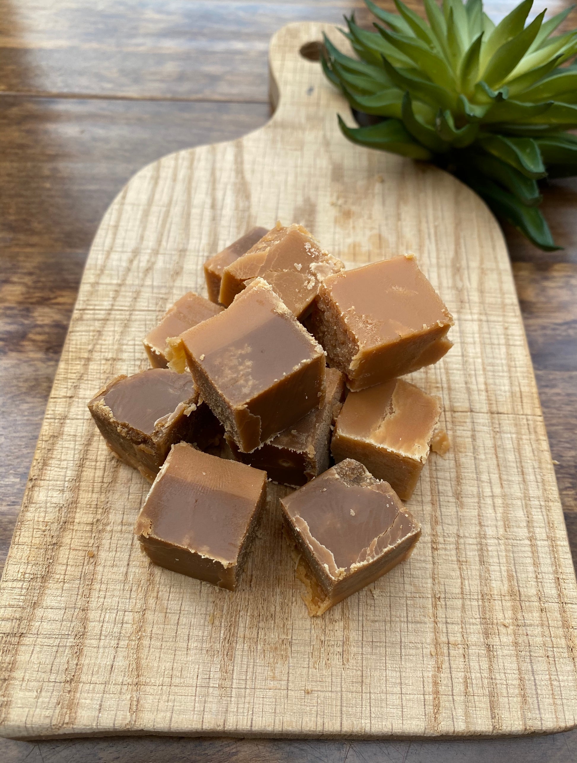 Cubes of fudge on a wooden cutting board with a plant in the background