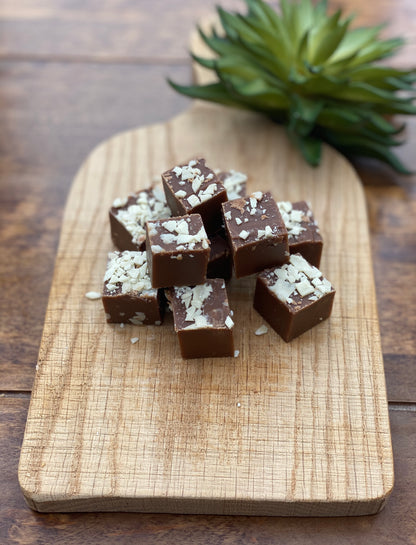 Chocolate fudge pieces on a wooden cutting board with a plant in the background