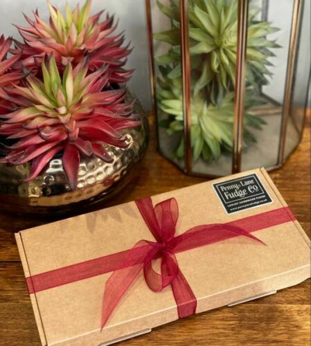 Gift box with a red ribbon on a wooden surface next to a plant