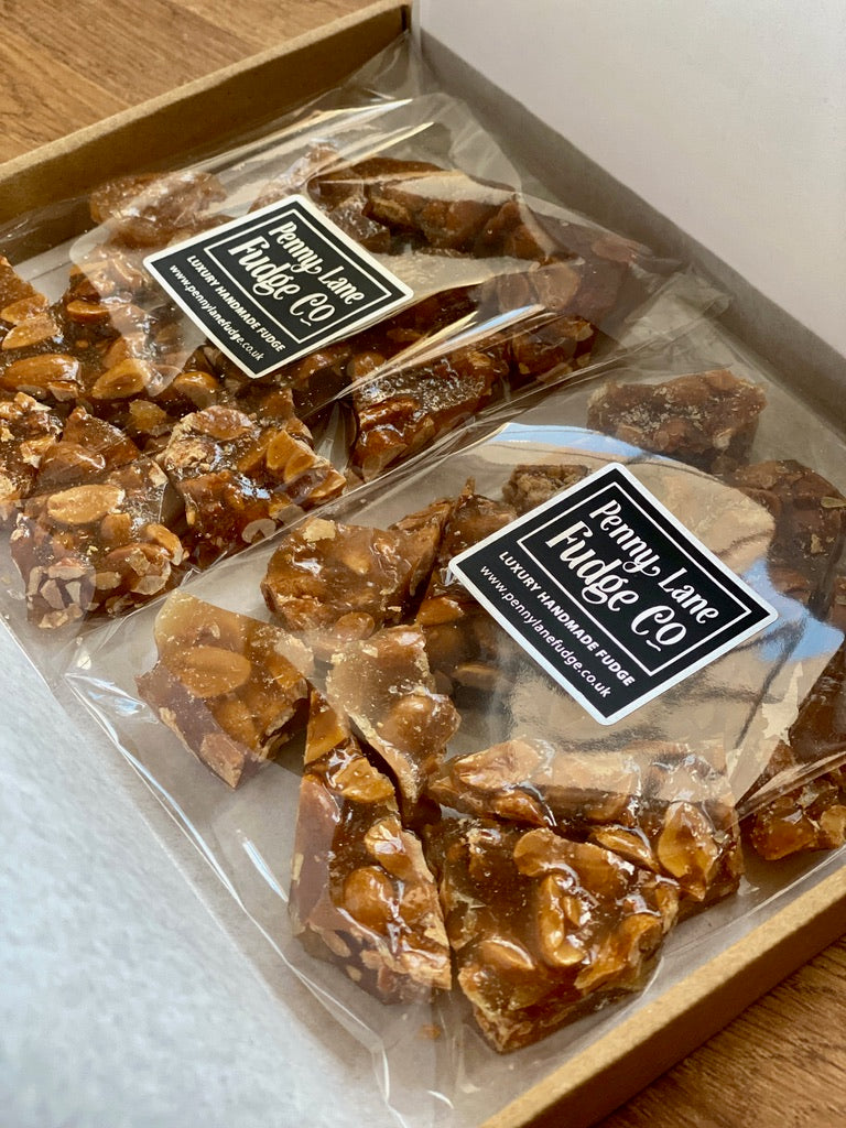 Handmade vegan peanut brittle in letterbox gift box