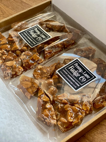 Handmade vegan peanut brittle in letterbox gift box