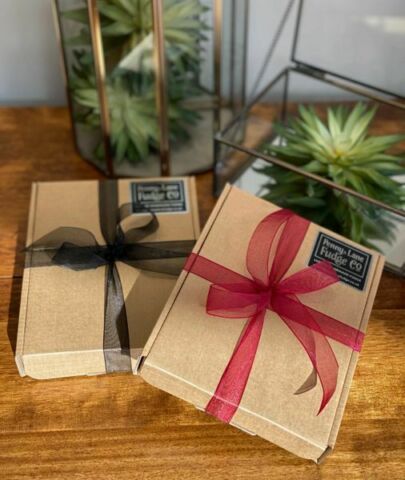 2 small fudge gift boxes with black or burgundy ribbon, penny lane fudge co, handmade uk